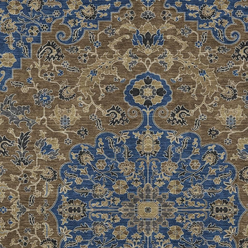 3' X 5' Navy Blue And Brown Floral Medallion Washable Indoor Outdoor Area Rug - Sports & Outdoor