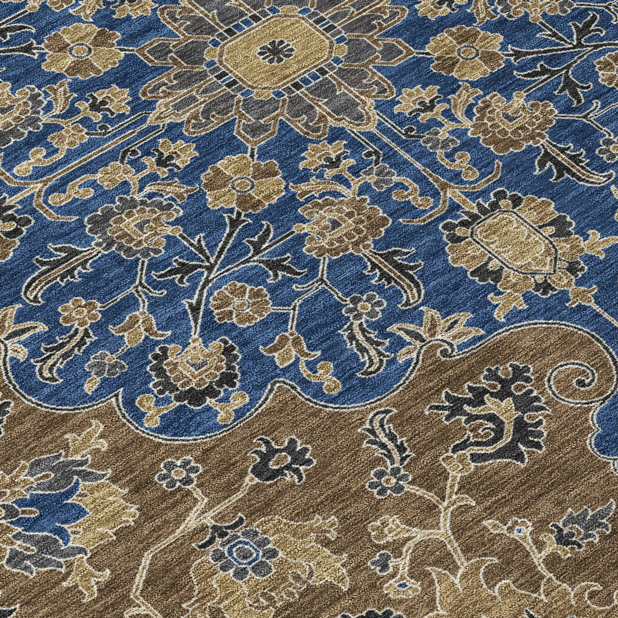 3' X 5' Navy Blue And Brown Floral Medallion Washable Indoor Outdoor Area Rug - Sports & Outdoor