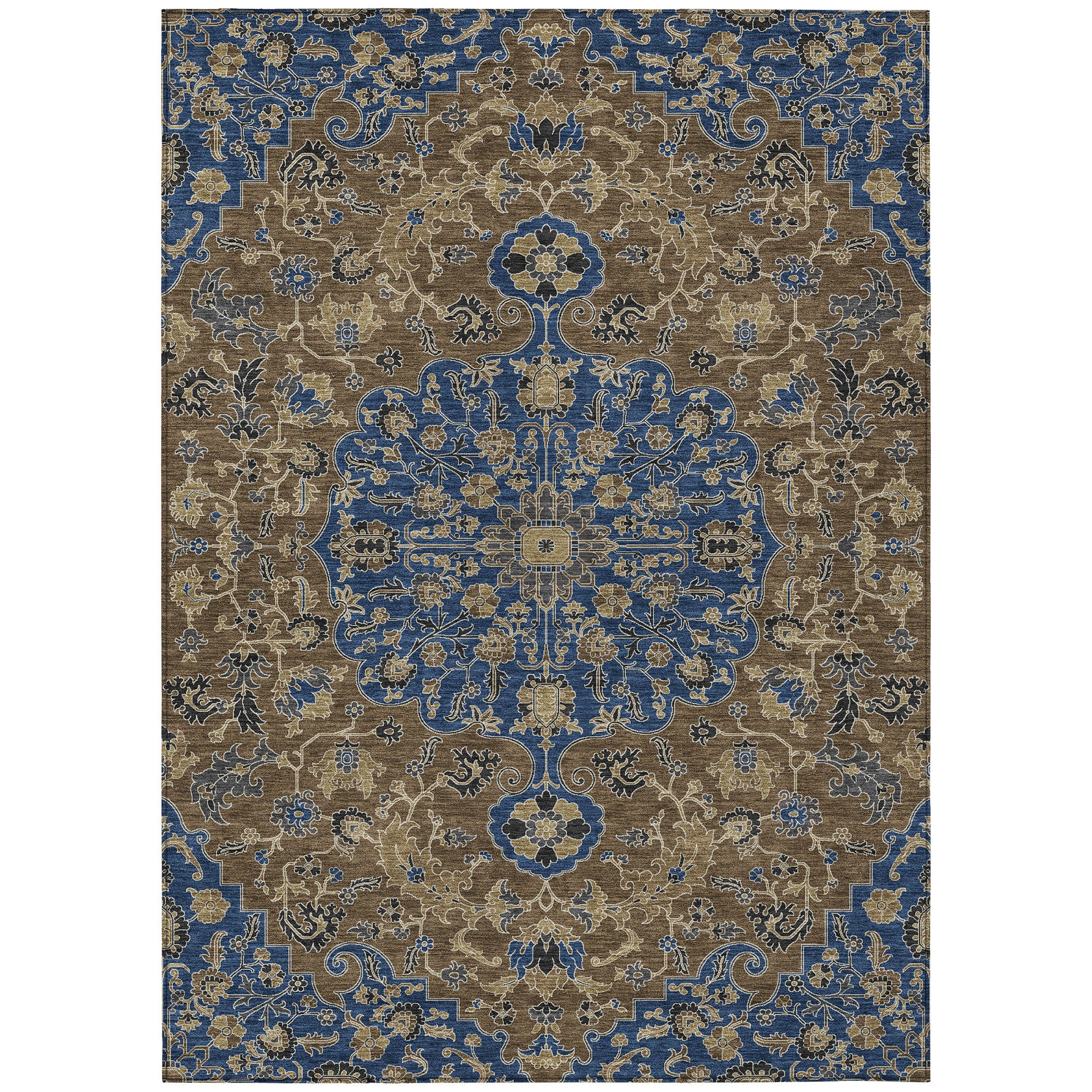 3' X 5' Navy Blue And Brown Floral Medallion Washable Indoor Outdoor Area Rug - Sports & Outdoor