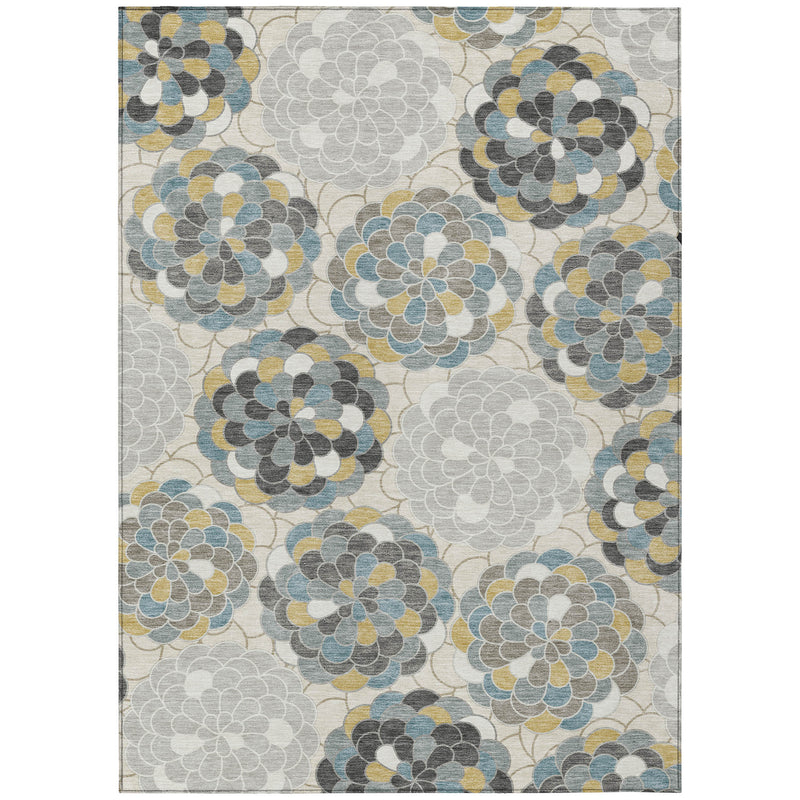 Floral pattern area rug in ivory with gray, blue and yellow scattered blossoms
