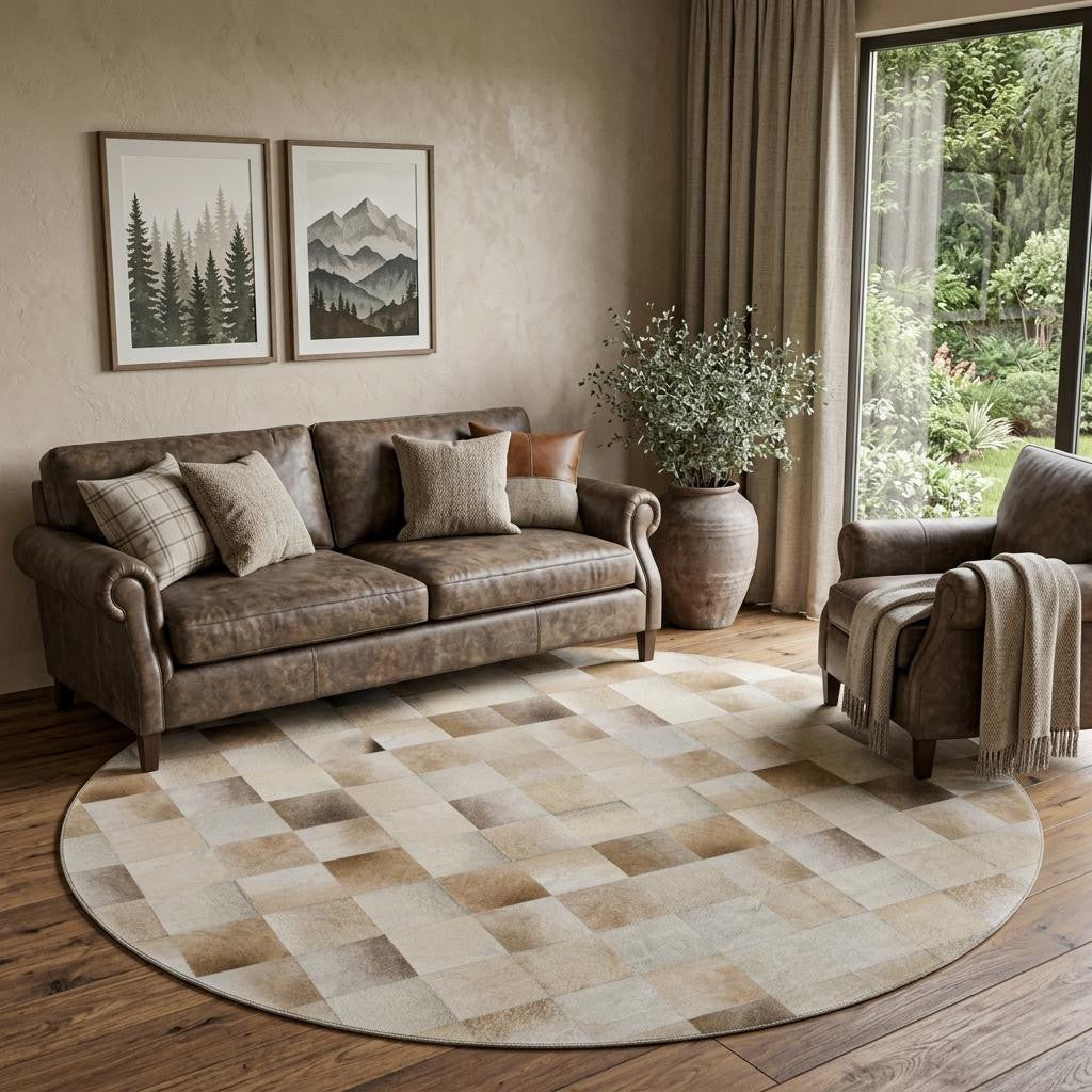 8' Taupe Ivory And Beige Patchwork Washable Round Rug With UV Protection - Home & Garden