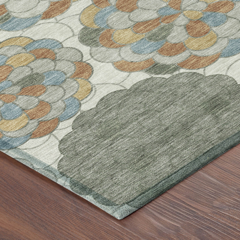 Corner view of floral area rug with gray border and multicolor flower pattern