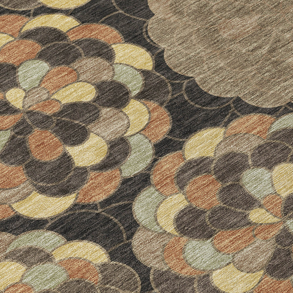 Brown and beige floral area rug with dark circular motif, textured low-pile surface
