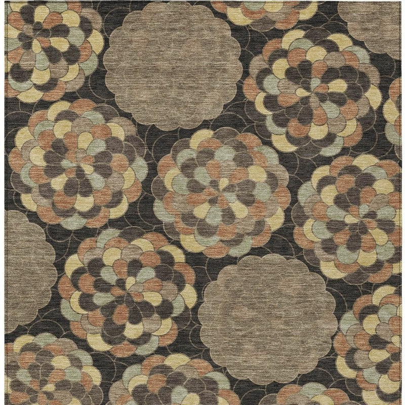 Floral area rug with beige medallions on dark background, multicolor petal pattern