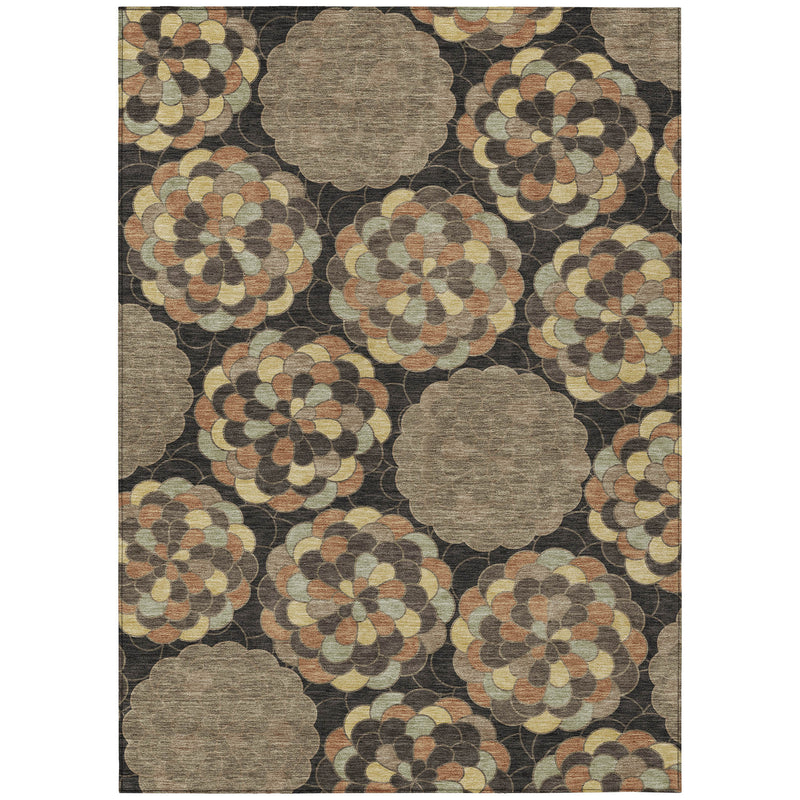 Floral area rug with beige medallions and brown accents on dark ground, full pattern view