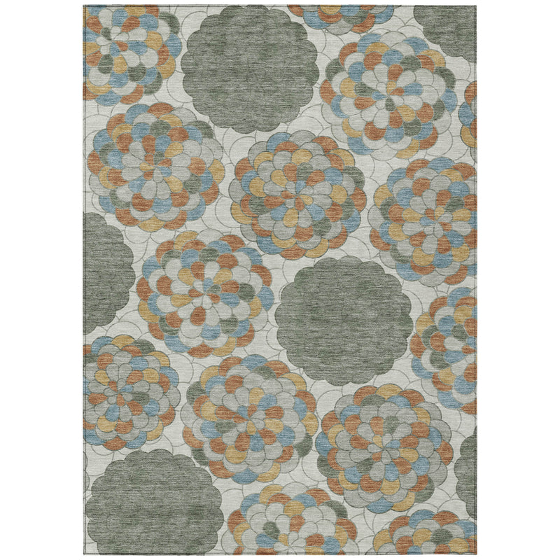 Floral area rug with large gray medallion flowers and multicolor blossoms on a light background