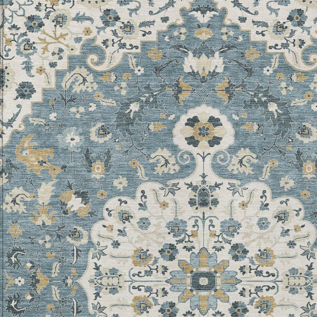 5' X 8' Ivory And Denim Blue Floral Medallion Washable Indoor Outdoor Area Rug - Sports & Outdoor