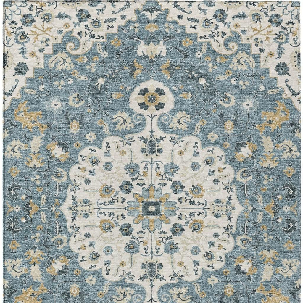 5' X 8' Ivory And Denim Blue Floral Medallion Washable Indoor Outdoor Area Rug - Sports & Outdoor