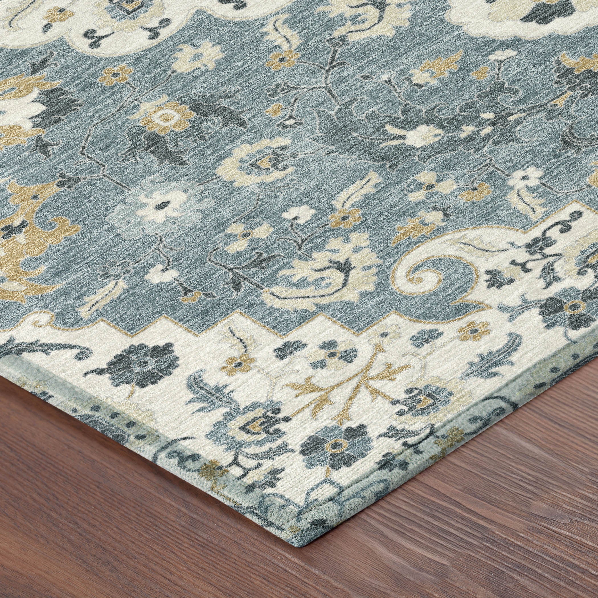 5' X 8' Ivory And Denim Blue Floral Medallion Washable Indoor Outdoor Area Rug - Sports & Outdoor