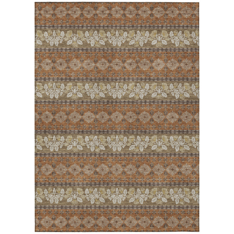 Rectangular striped area rug in orange, beige, and gray with repeating floral bands