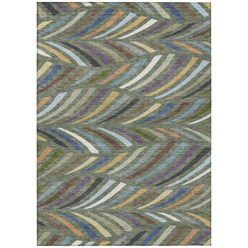 Rectangular abstract area rug with multicolor wave stripes on gray-green base