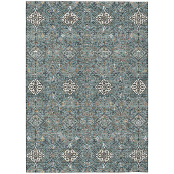 Teal blue geometric area rug with ivory and gray diamond pattern
