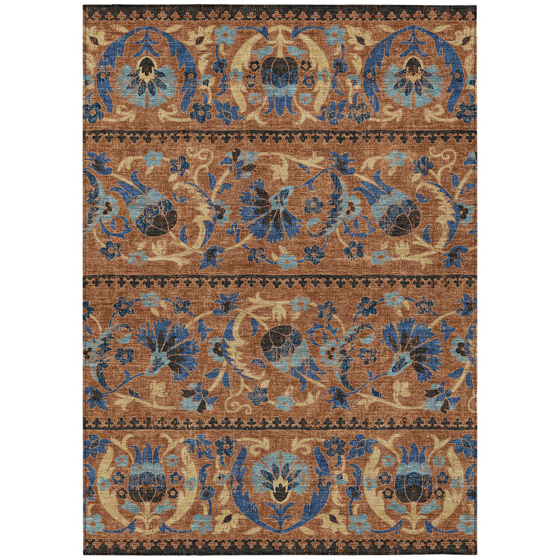 Indoor outdoor area rug, tan and blue vintage floral pattern with wide borders