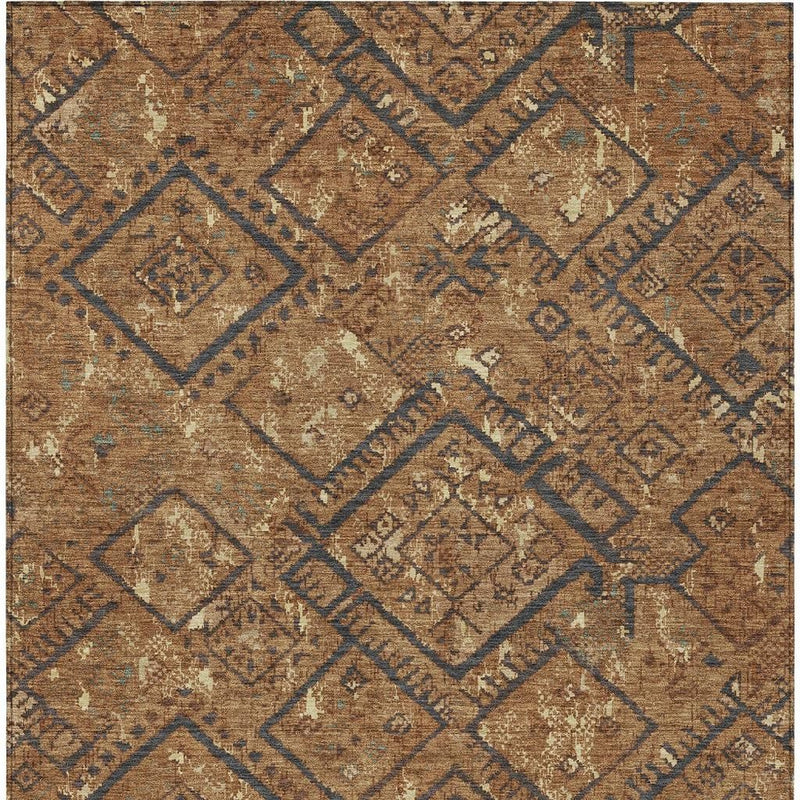 Rectangular area rug with orange base and blue diamond geometric design