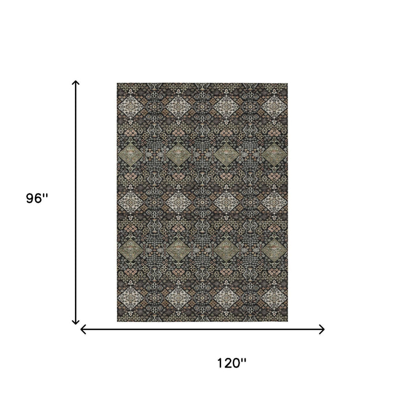 8 ft by 10 ft geometric area rug in dark charcoal with beige diamond pattern