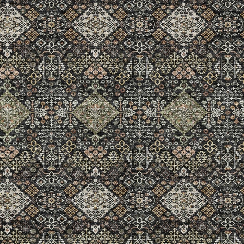 Geometric area rug with diamond lattice motifs in dark charcoal and cream tones