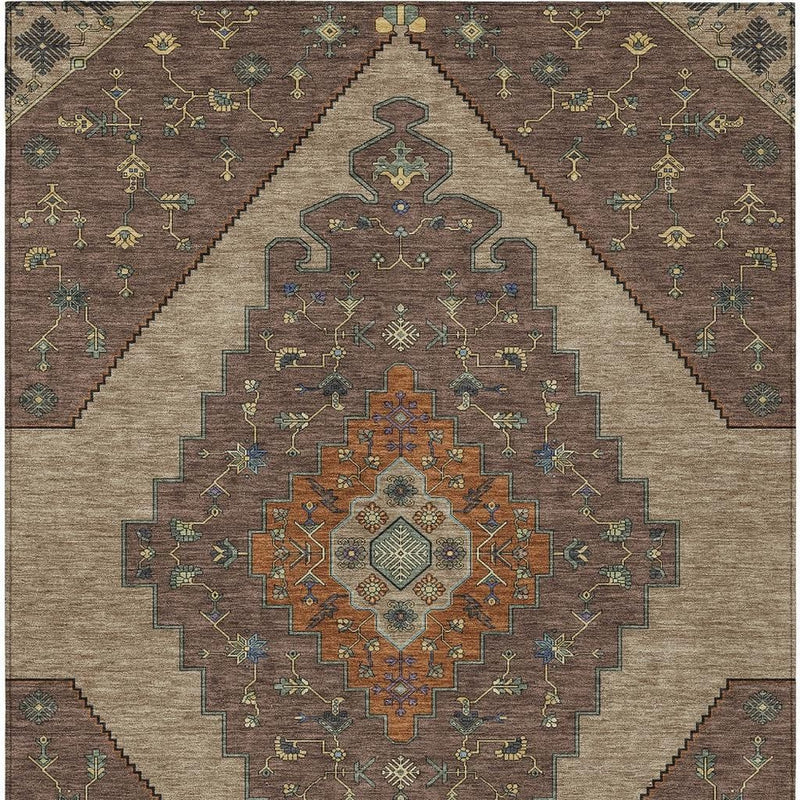 Geometric area rug with beige field, brown border, and teal and gold motifs