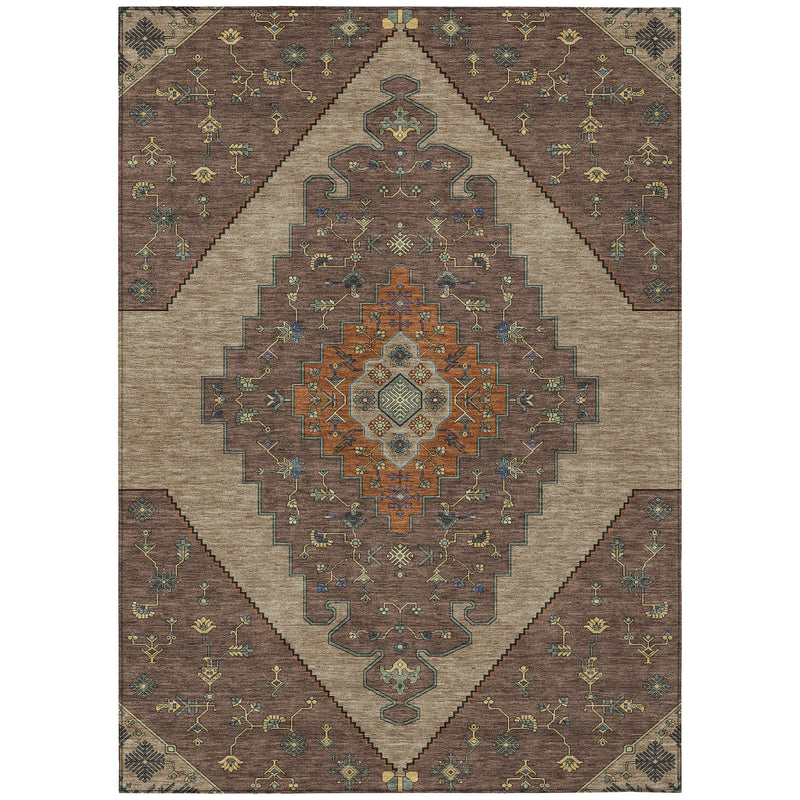 Brown and gold geometric area rug with diamond medallion and decorative corner pattern