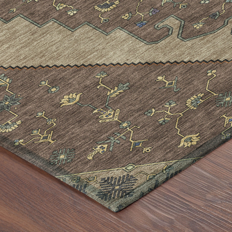 Rug corner with distressed beige-and-brown pattern and small gold and teal icons