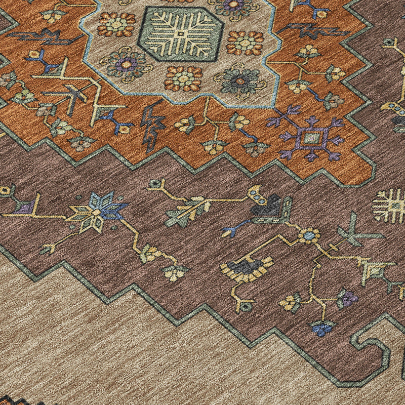 Geometric rug surface with brown yarn texture and teal-lined motif borders