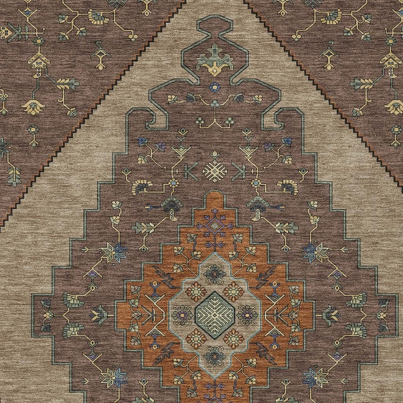 Geometric area rug close-up with ornate center medallion in brown, gold, teal