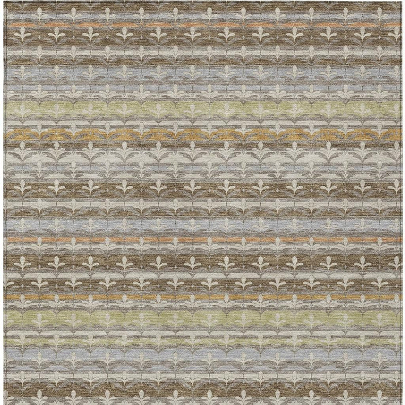 3x5 damask area rug with horizontal striped floral motif in beige, brown, olive, and gray.