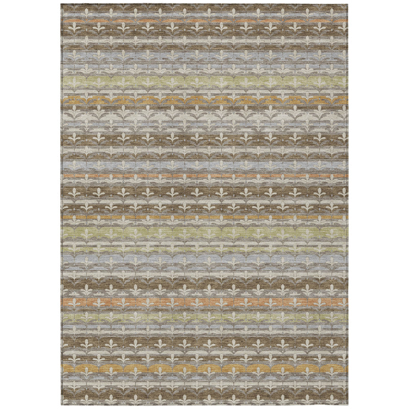 Damask area rug featuring horizontal rows of fleur-de-lis motifs in neutral beige and gray.