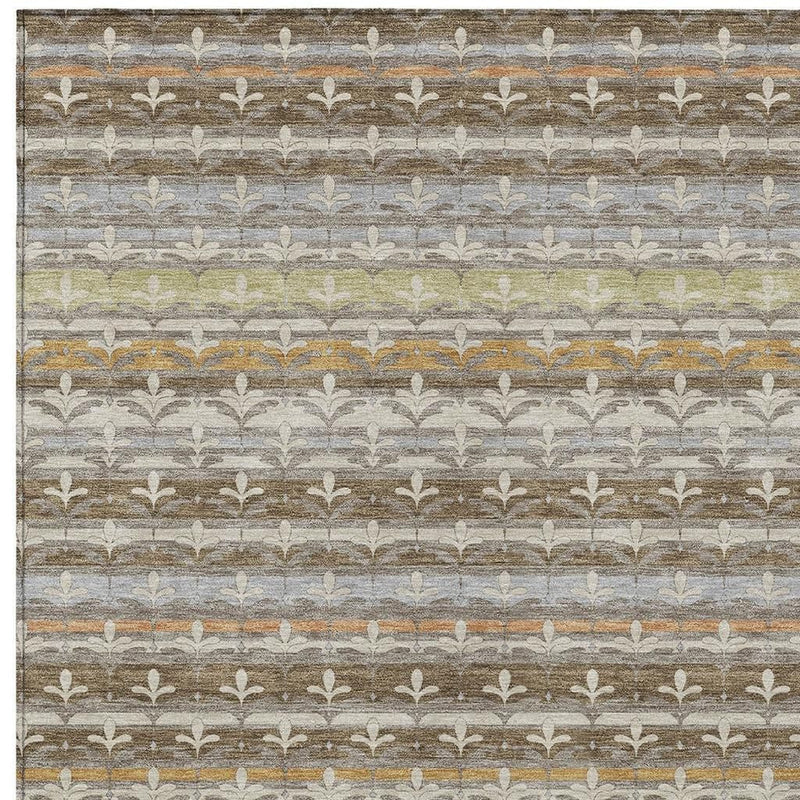 Damask area rug panel with repeating fleur-de-lis motif stripes in beige, brown, and gray.