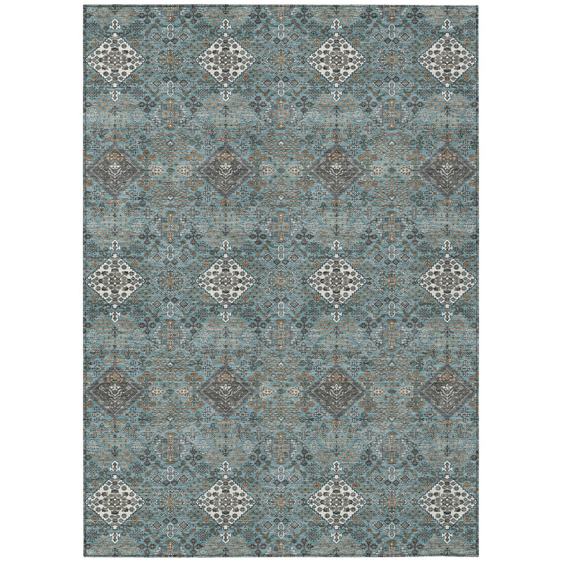 Teal blue and ivory geometric indoor outdoor area rug with diamond medallion motif