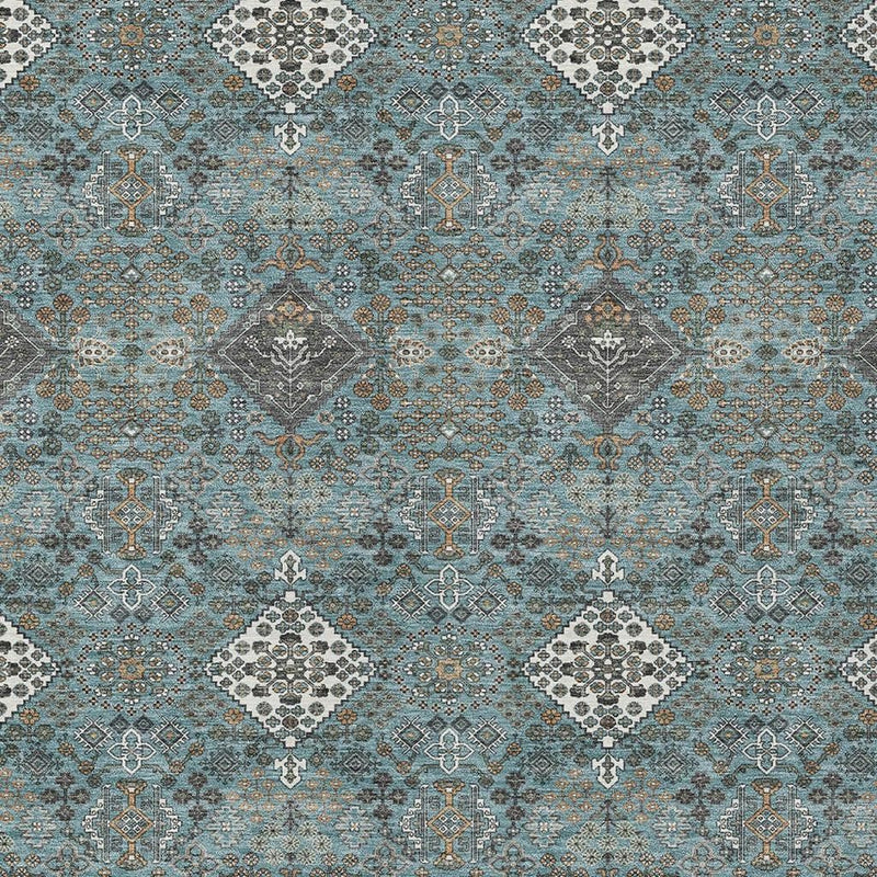 Teal blue and ivory geometric washable area rug with detailed medallion and motif pattern