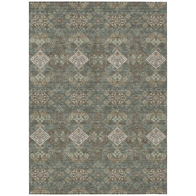 Green and taupe geometric area rug with diamond medallion pattern, full view.