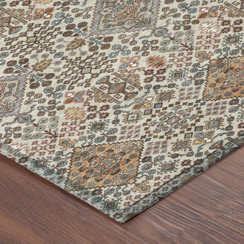 Beige geometric area rug corner with copper and teal motifs
