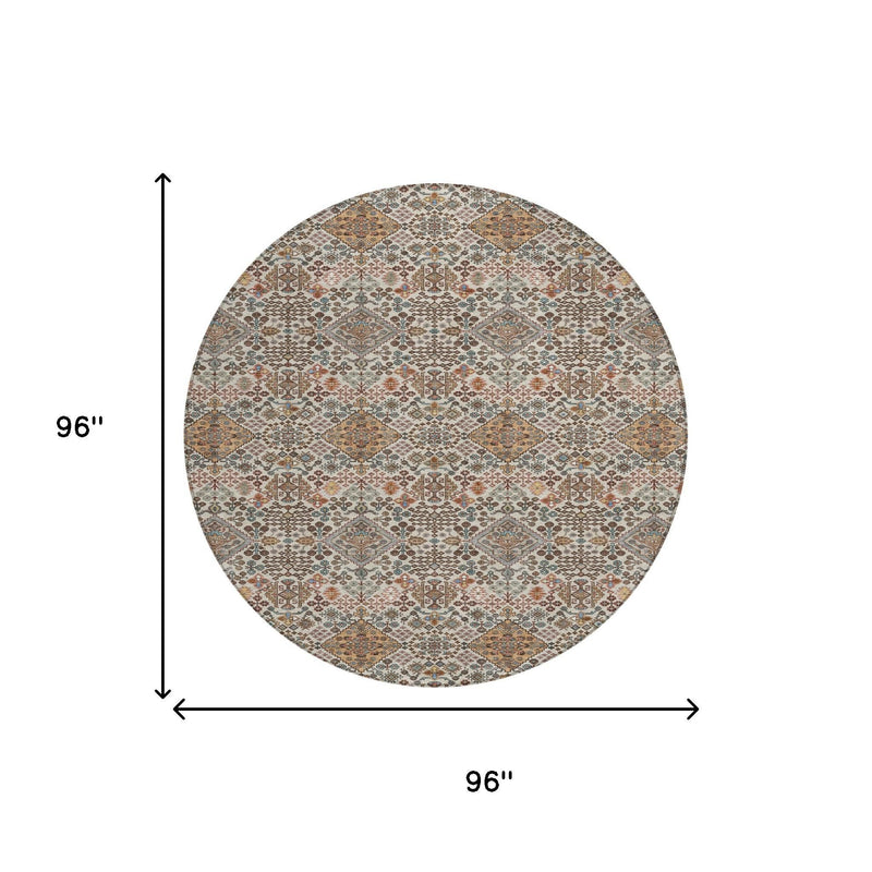Round geometric area rug with 96 in diameter measurement graphic