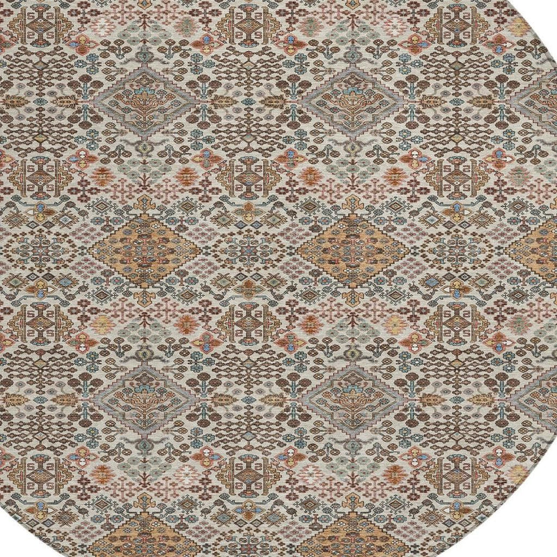 Beige geometric rug close-up with multi-color lattice and floral motifs
