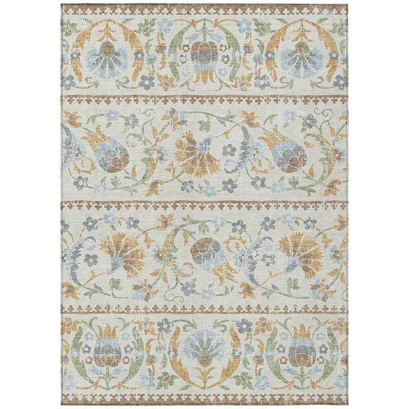 Full view ivory indoor outdoor area rug with blue, green, and gold floral medallions