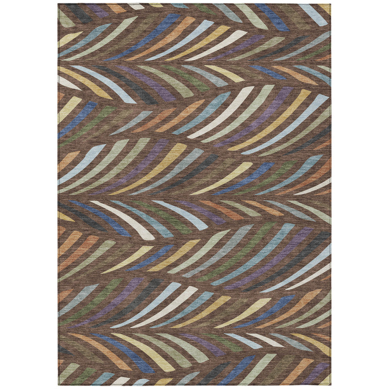 Abstract area rug with brown base and multicolor diagonal fan-striped pattern, bordered edges