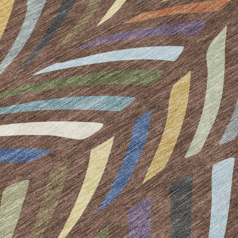 Brown abstract area rug with multicolor striped leaf-fan pattern and subtle textured surface