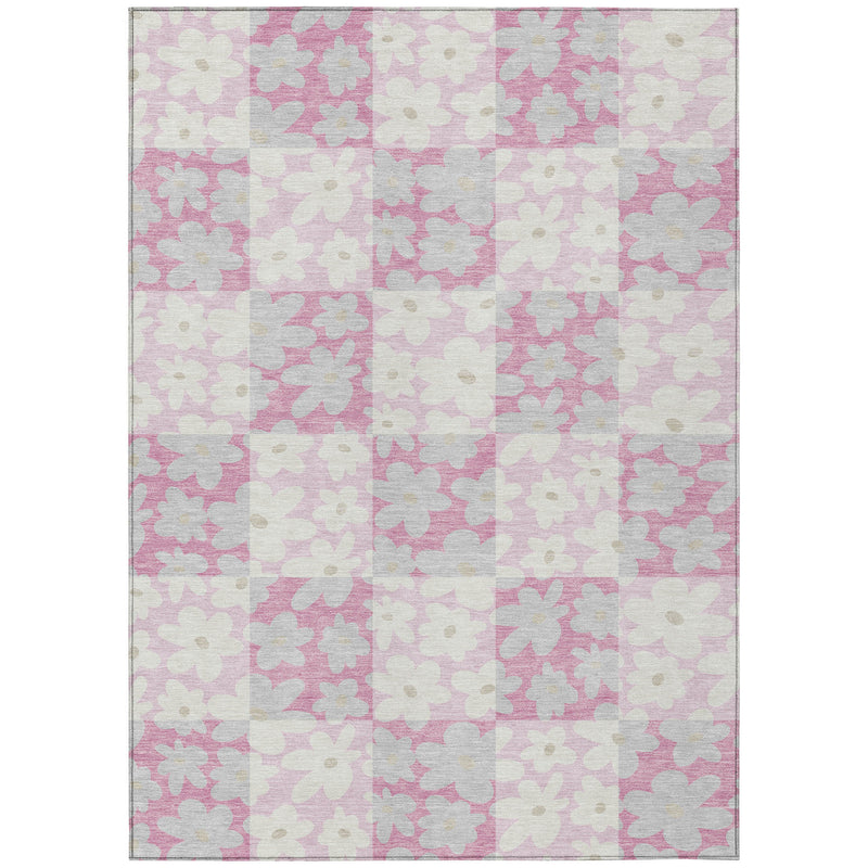 Full view washable indoor/outdoor rug, pink and gray floral patchwork on light ground