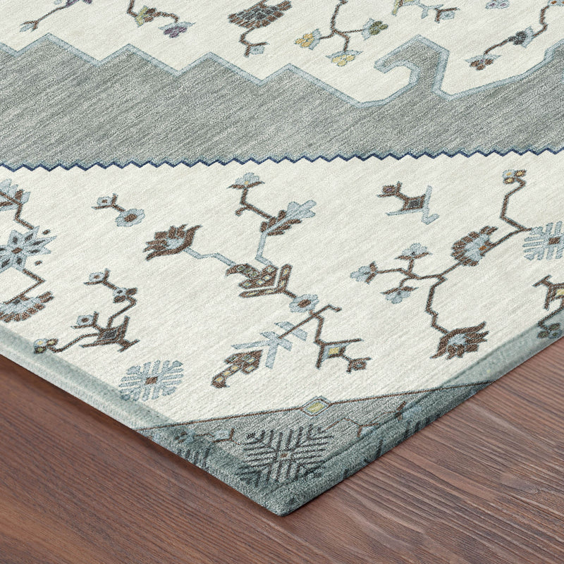 Geometric indoor outdoor area rug corner with ivory field and gray border