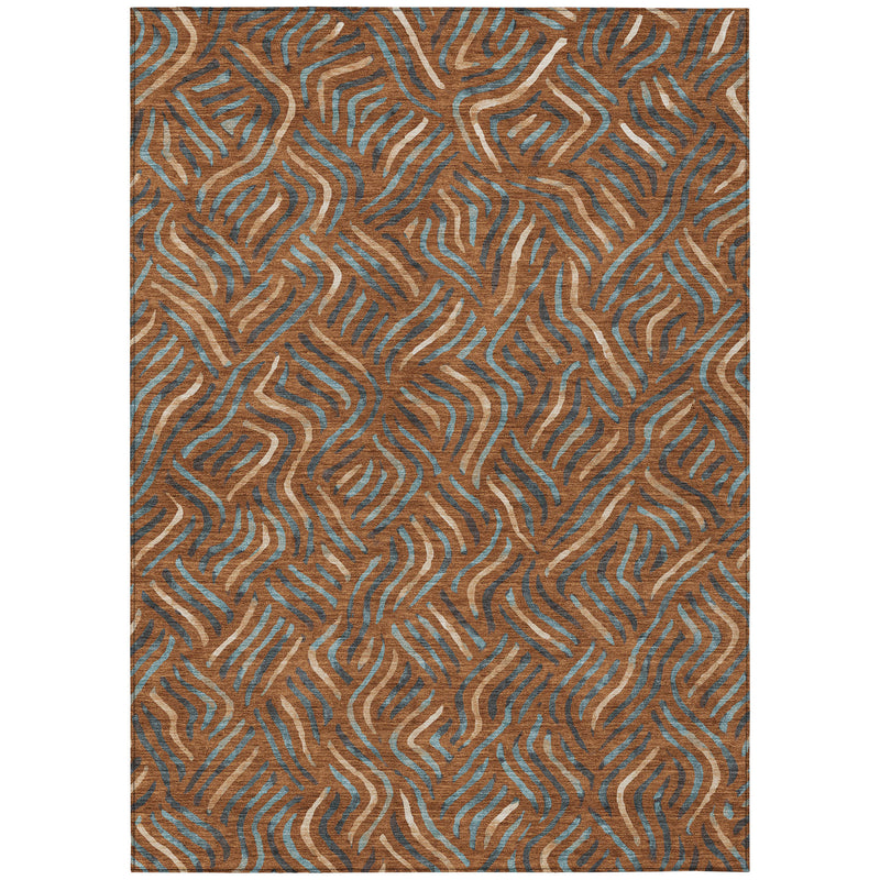 Orange and teal abstract washable area rug with dense wavy line motif