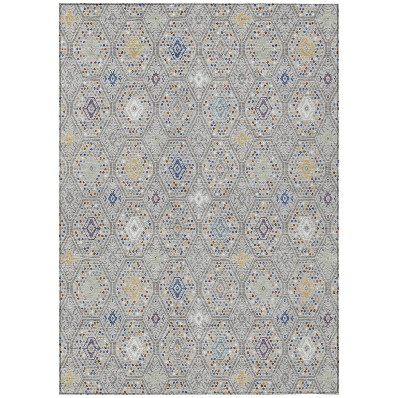 Geometric area rug in light gray with repeating multicolor hexagon and diamond motifs