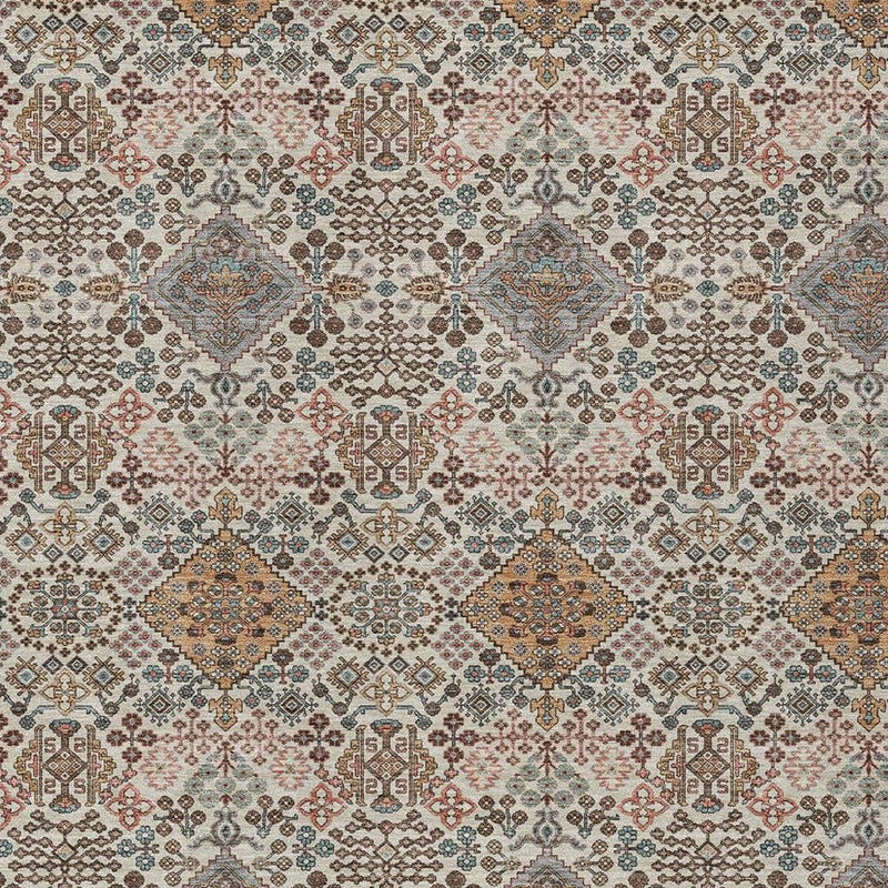 Beige geometric area rug with ornate diamond medallions in copper, blue, and rust