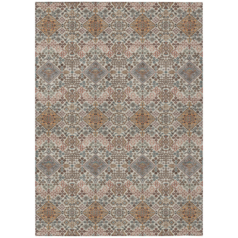 Rectangular beige geometric area rug with copper, teal, and rust diamond lattice pattern