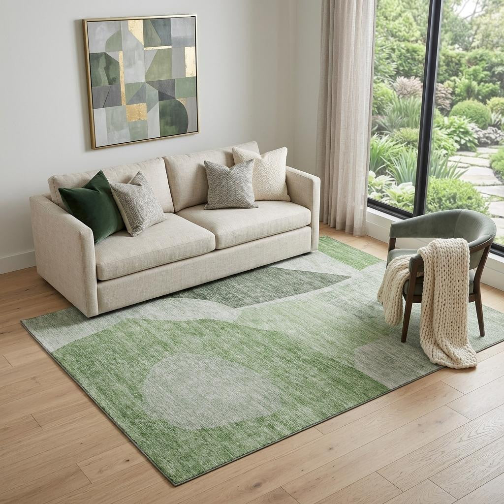 5' X 8' Artichoke Green And Ivory Abstract Washable Area Rug With UV Protection - Home & Garden