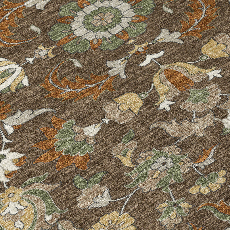 Floral medallion area rug, brown with green and white details and subtle tan highlights