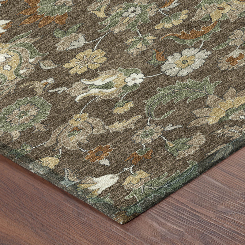 Rectangular floral medallion area rug corner with border pattern in brown and green