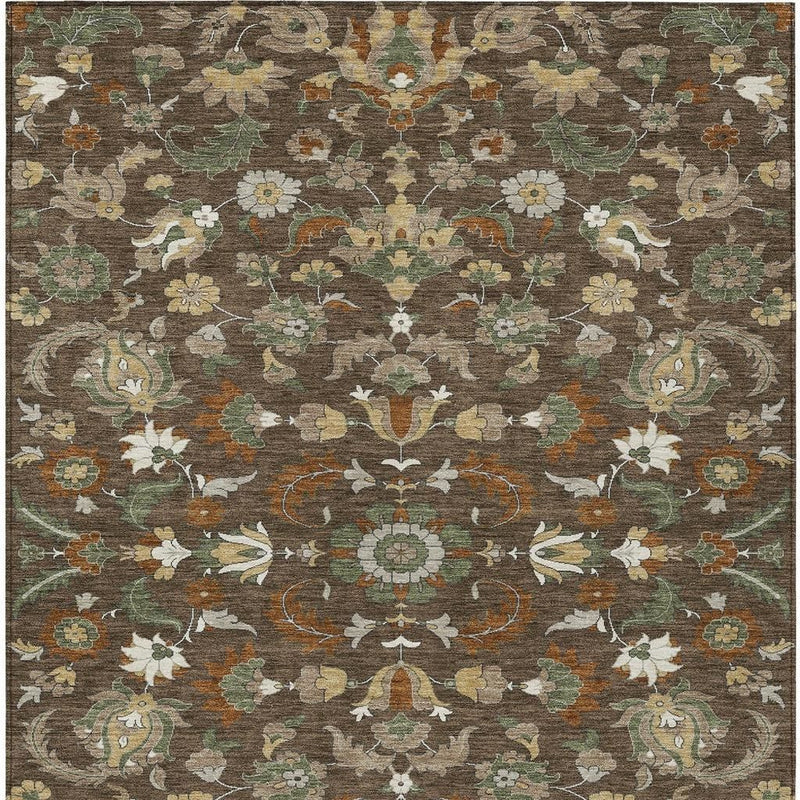 Floral medallion area rug with ornate botanical pattern on brown background