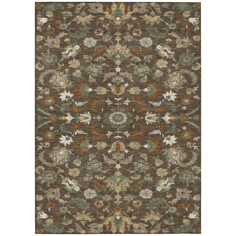 Rectangular washable floral medallion area rug in brown with green and cream flowers