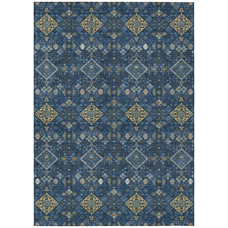 Navy blue area rug with gold geometric diamonds and ornamental accents