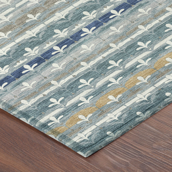 Teal blue and ivory damask area rug with small floral stripe pattern, washable indoor/outdoor